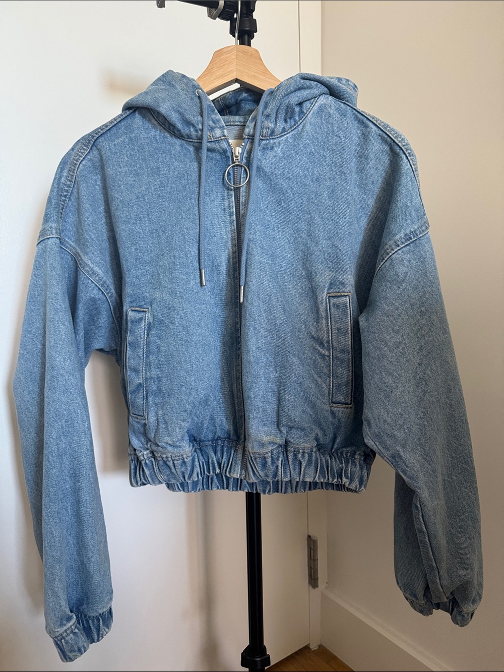 Oak & Fort Light Blue Denim Hooded Zip Jacket cropped